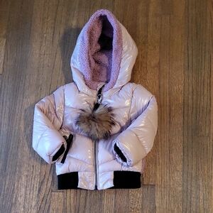 Children's Pink With Lavender Puffer Jacket with Faux Fur Pom
